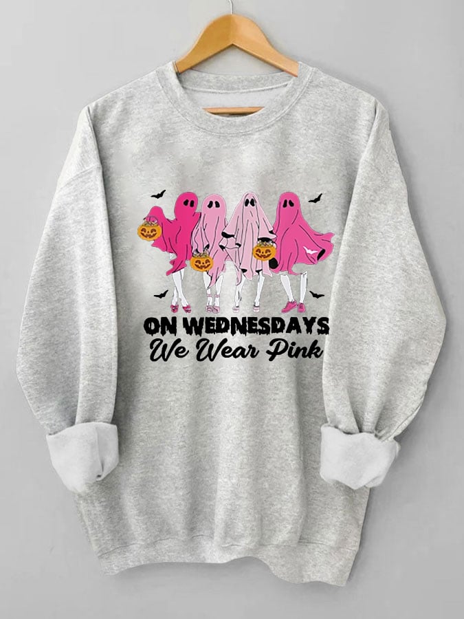 Women's Halloween Breast Cancer On Wednesday We Wear Pink Cute Ghost Print Sweatshirt
