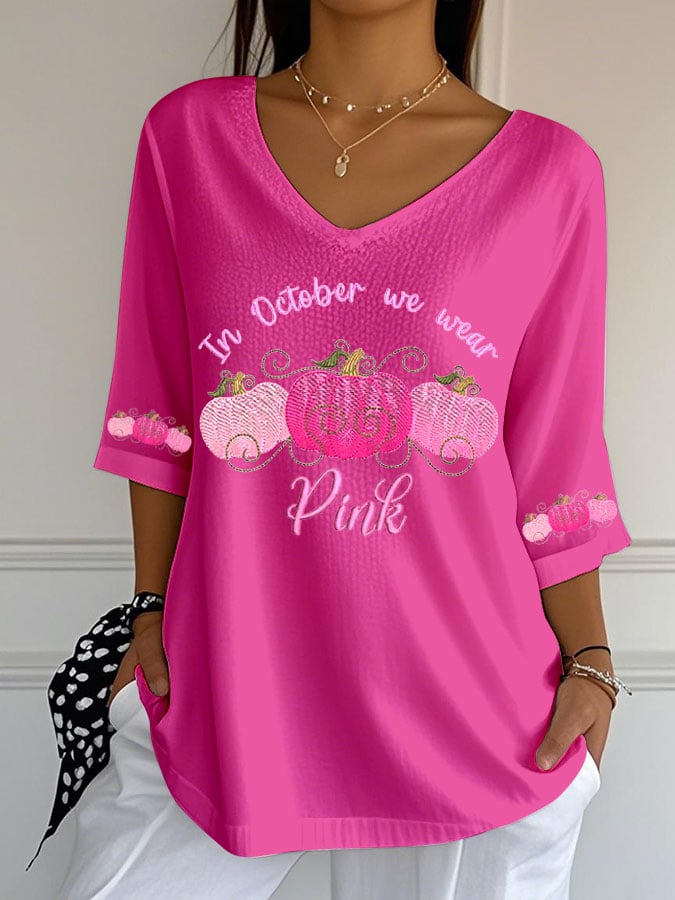 Women's Breast Cancer Print Casual V-Neck Top