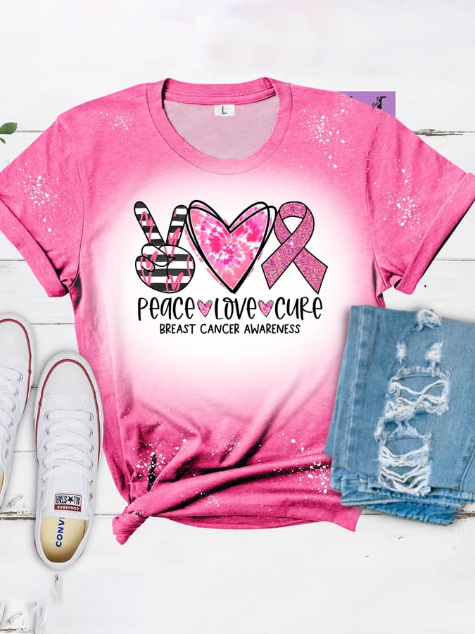 Women's Peace Love Cure Pink Ribbon Breast Cancer Awareness Tee