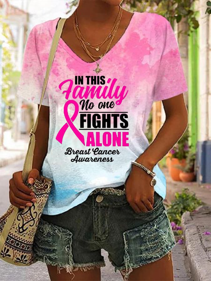 Women's No One Fights Alone Breast Cancer Awareness Print Short Sleeve T-Shirt