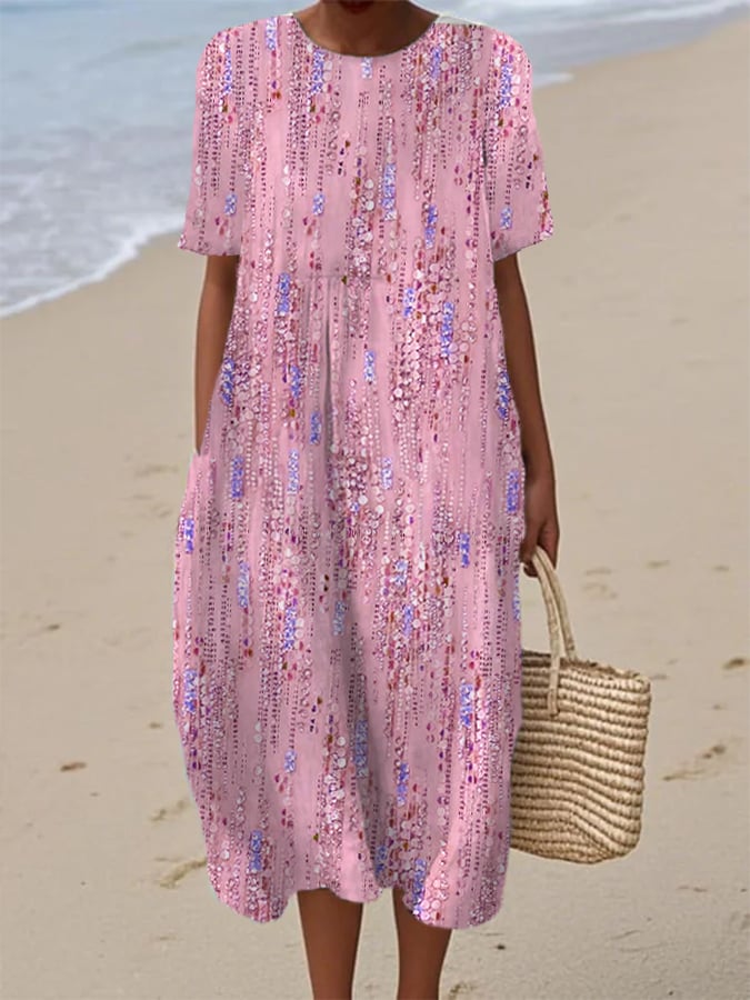 Women's Pink Art Printed Casual Round Neck Short Sleeve Dress