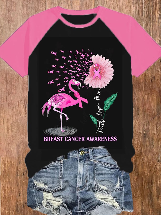 Women's Faith Hope Love Flamingo Breast Cancer Awareness T-Shirt