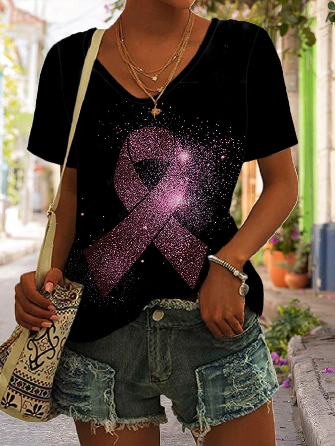 Women's Casual Breast Cancer Ribbon Print Short Sleeve T-Shirt