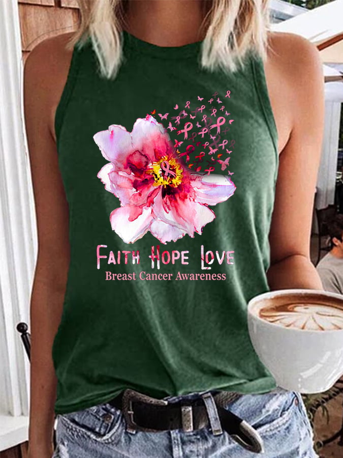 Women's Faith Hope Love Breast Cancer Ribbon Flower Daisy Print Tank Top