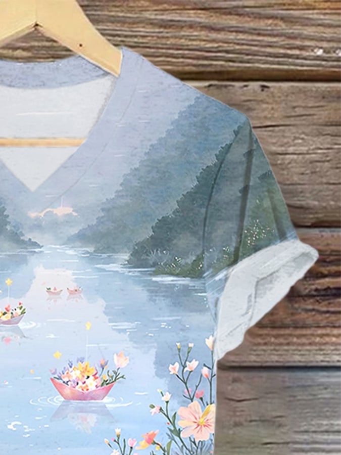 ππJoin us in praying for Texas.πV-Neck Retro Texas Strong Mystic Paper Boats River Scene Print T-Shirt