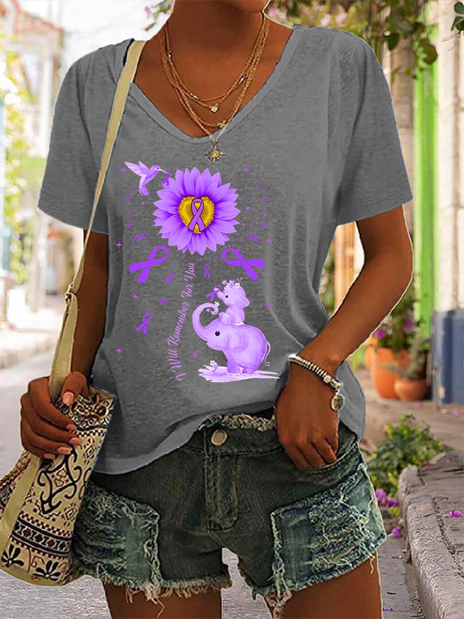 Women's I Will Remember For You Elephant Flower Alzheimers Awareness Printed V-Neck T-Shirt