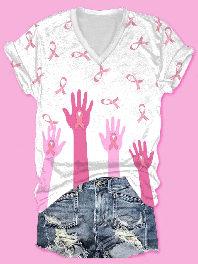 Women's Casual Pink Ribbon Breast Cancer Art Print Short Sleeve T-Shirt