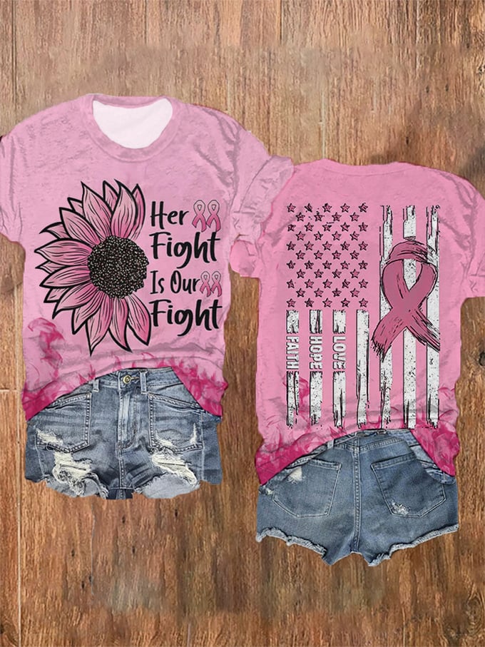 Women's Her Fight Is Our Fight Breast Cancer Awareness Print T-Shirt