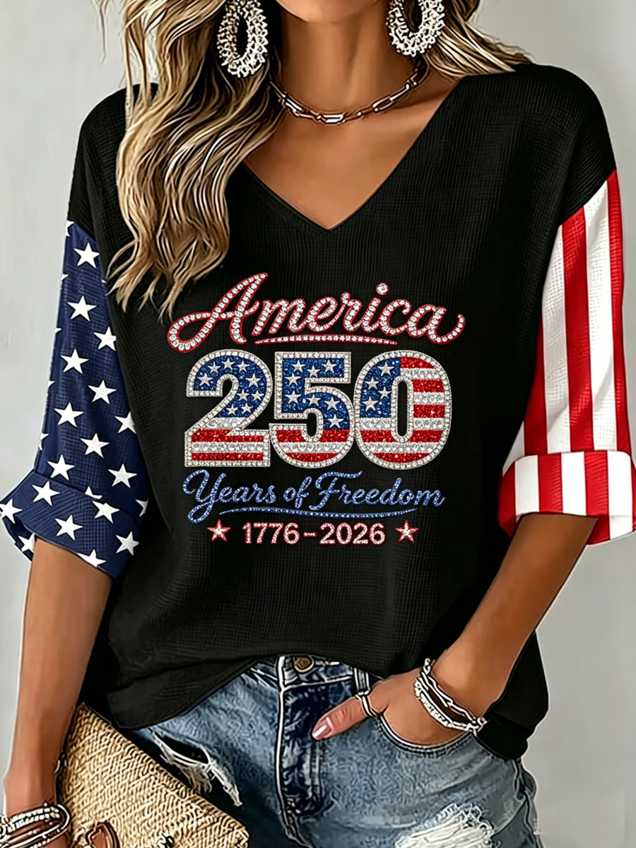 Women's USA 250 Years One Nation Under God Print V Neck Top
