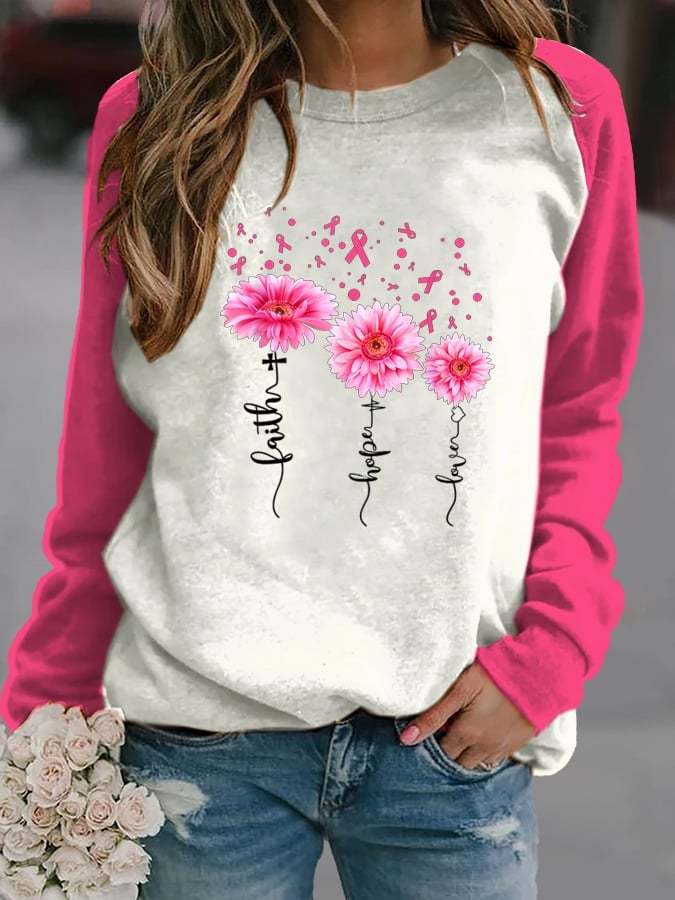 Faith and Pink Ribbon Print Colorblock Sweatshirt