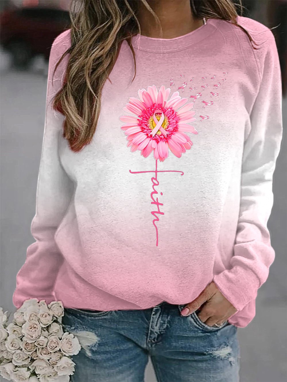 Women's Fight Breast Cancer Faith Flower Print Sweatshirt
