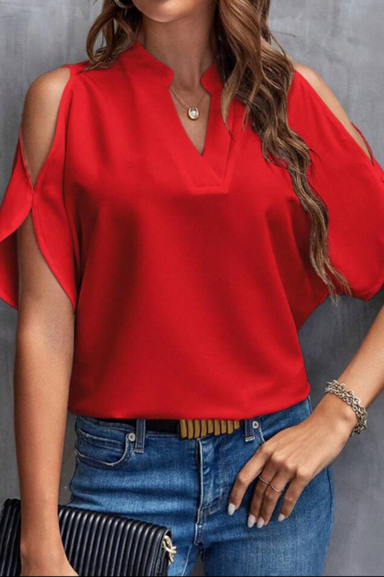 Notched Cold Shoulder Half Sleeve Blouse