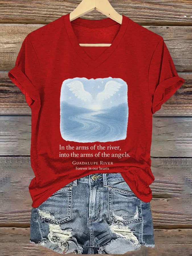 ππJoin us in praying for Texas.πV-Neck Retro Texas Strong In The Arms Of The River, Into The Arms Of The Angels. Guadalupe River Forever In Our Hearts Print T-Shirt