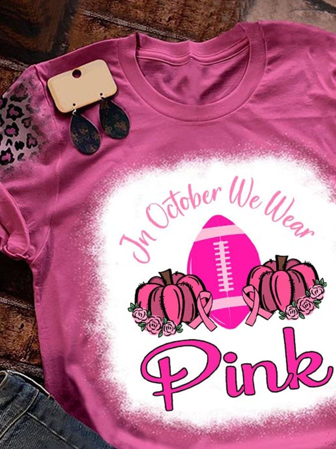 In October We Wear Pink Pumpkin Football Leopard Print T-Shirt
