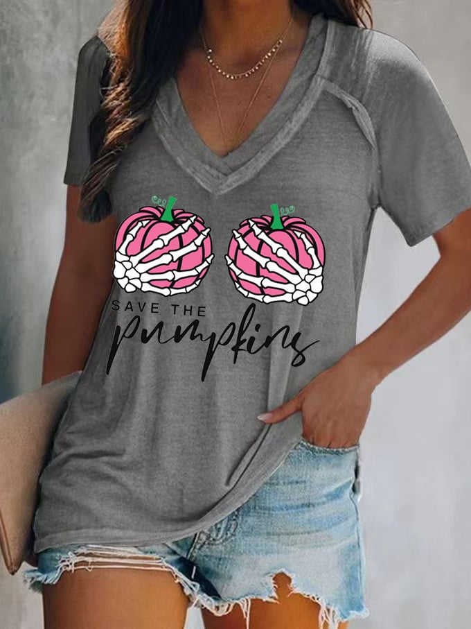Women's Save The Pumpkins Breast Cancer Awareness Print V-Neck Top