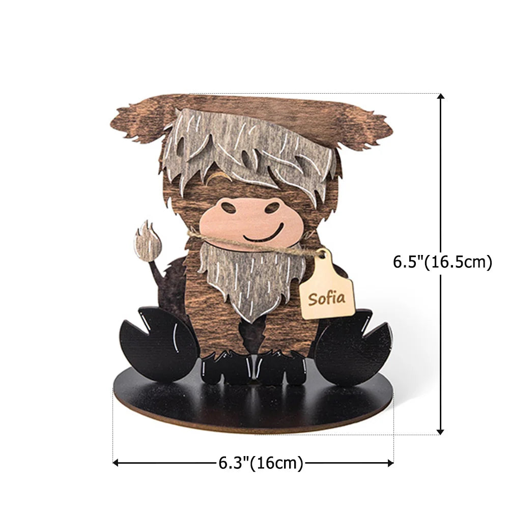 Cute Highland Cow Wooden Tabletop Decor with 12 Interchangeable Hats
