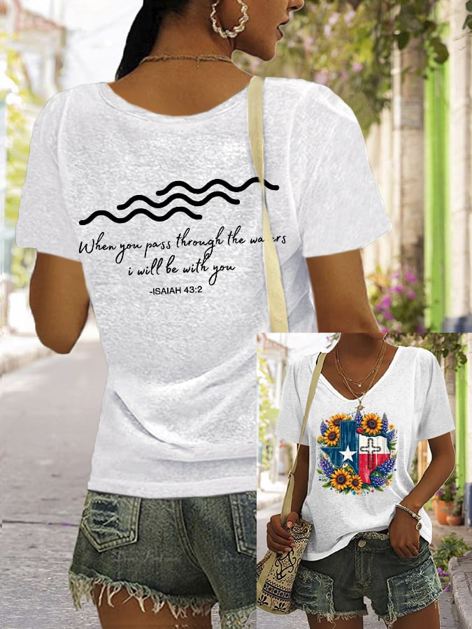 ๐๐Join us in praying for Texas.๐Women's Texas Strong When You Pass Through the Waters I Will Be with You Isaiah 43:2 Print V Neck Casual T-Shirt