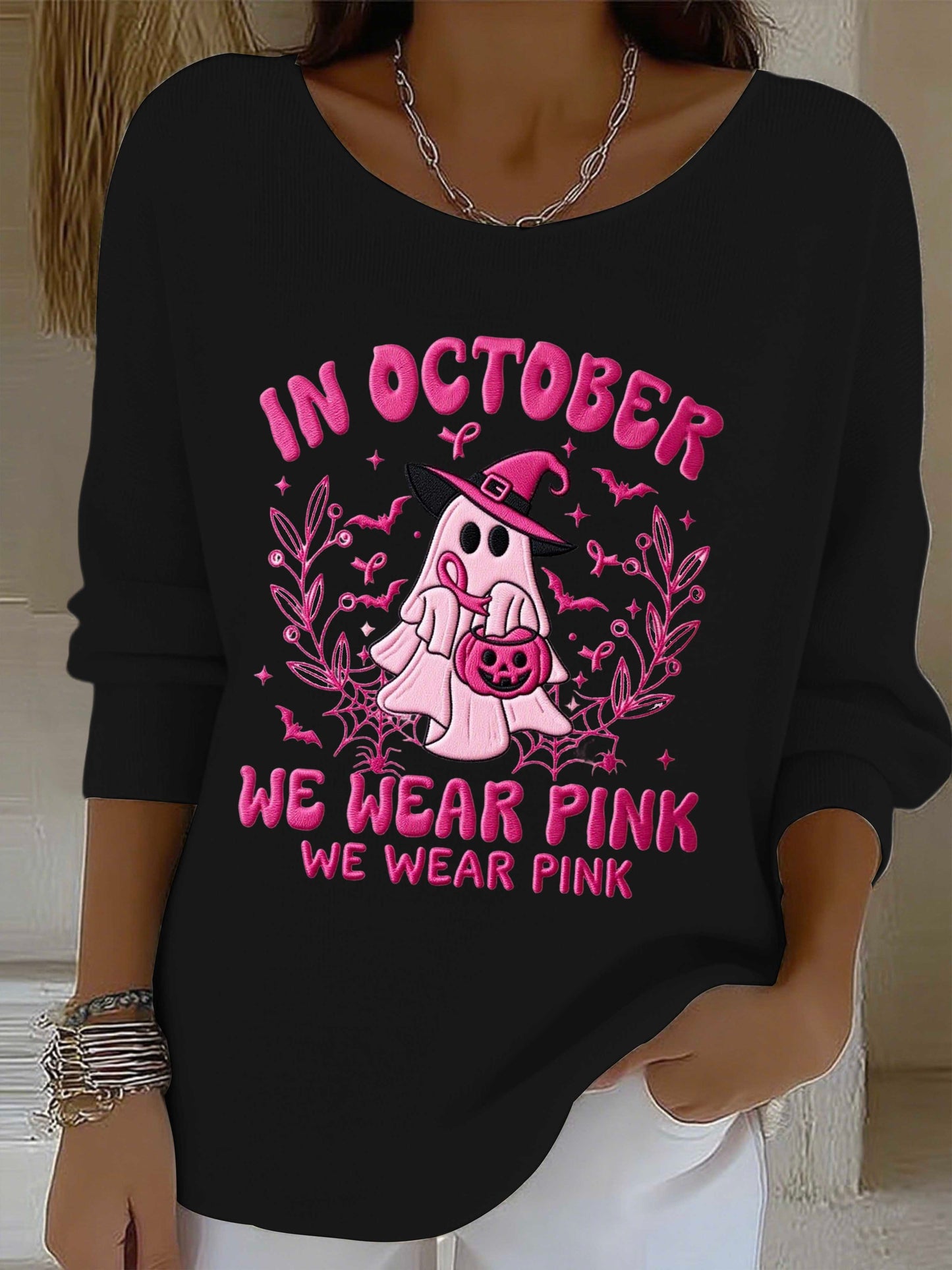 Women's Pink Cute Ghost Print Long Striped Top