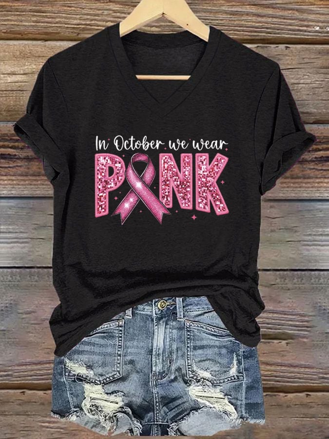 Women's Breast Cancer Slogan "In October We Wear Pink" V-Neck Printed T-Shirt Top