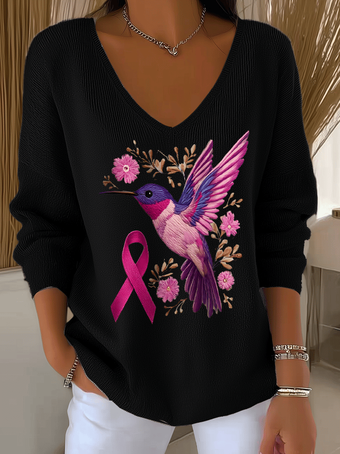 Women's Breast Cancer Hummingbird Print Long Sleeve Top
