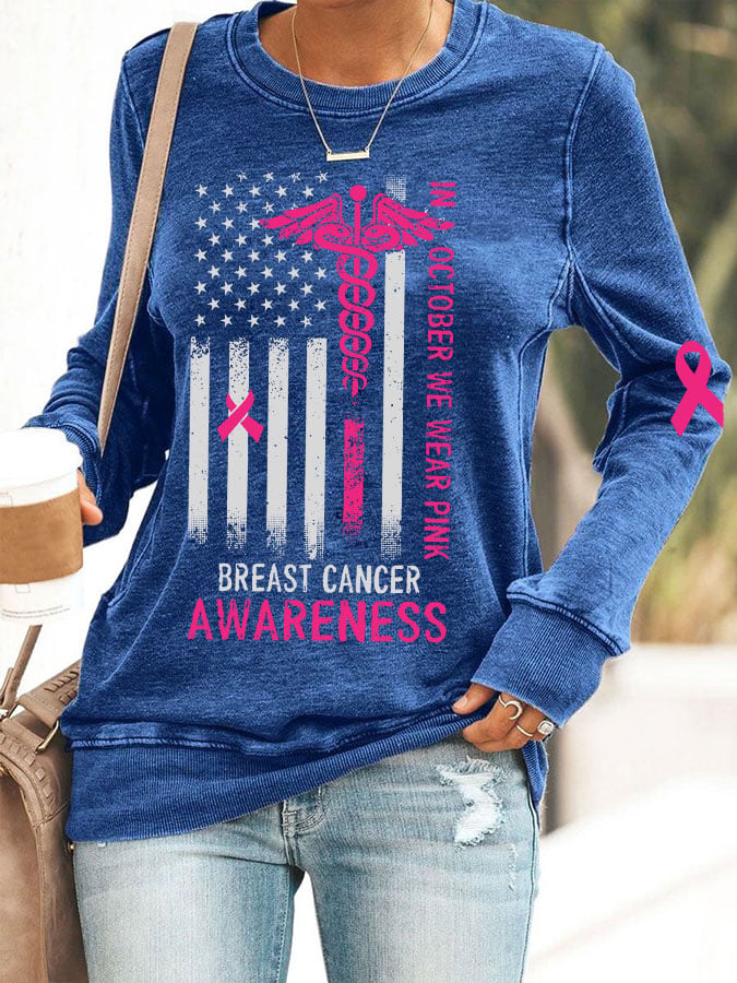 Women's In October We Wear Pink Breast Cancer Awareness Print Casual Crew Neck Sweatshirt