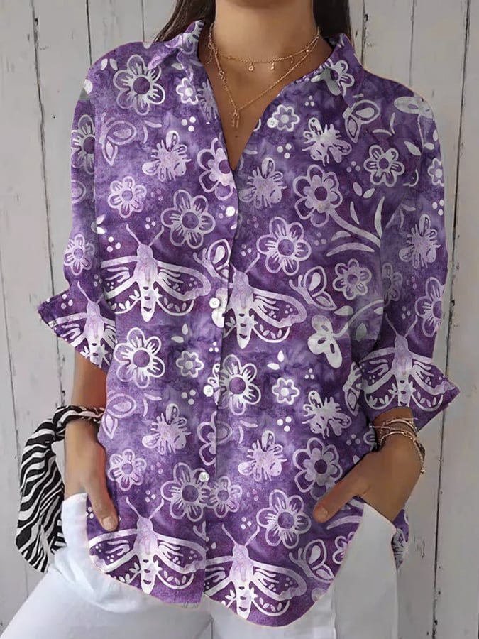Women's Retro Alzheimer's Awareness Flowers Print Casual Shirt