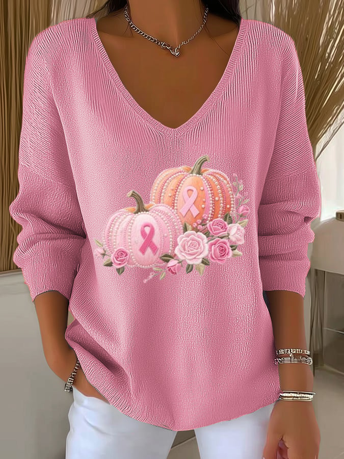 Women's Breast Cancer Awareness Pumpkin Print Long Sleeve Top