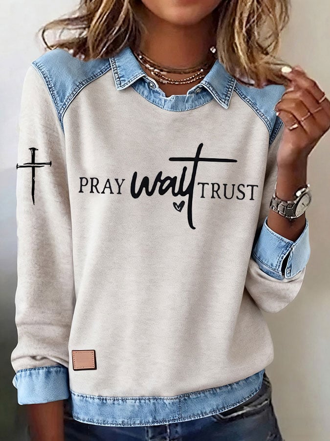 Women's Casual Pray. Wait. Trust. Print Lapel Long Sleeve Top