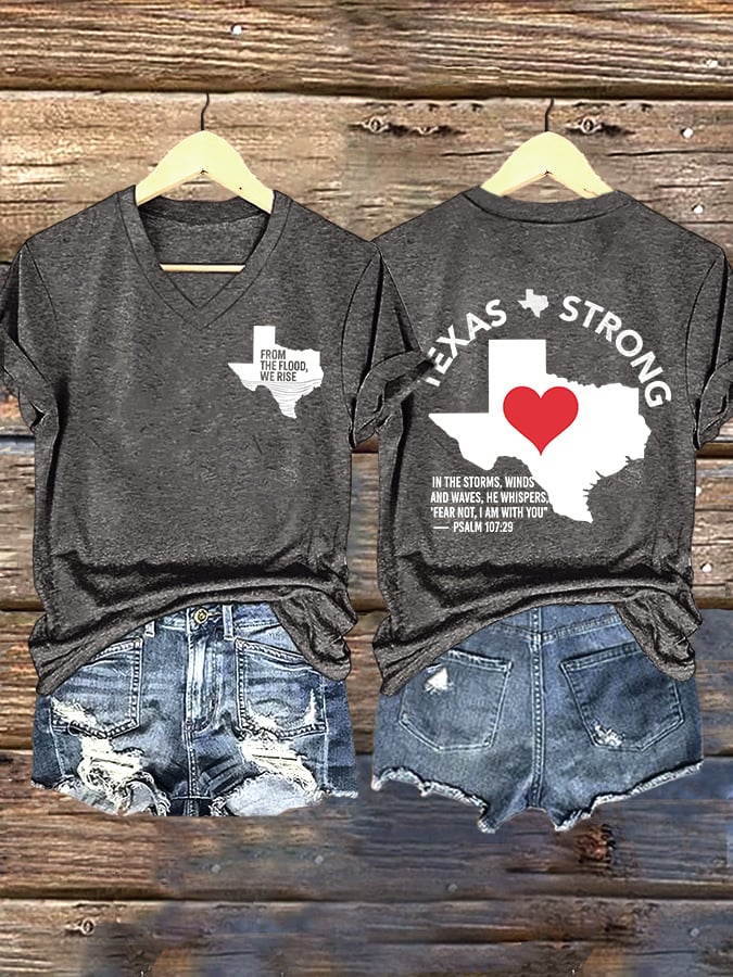 ๐๐Join us in praying for Texas.๐V-Neck Retro Texas Strong From The Flood, We Rise Texas Strong In The Storms, Winds And Waves, He Whispers,โFear Not, I Am With Youโโ Psalm 107:29 Print T-Shirt