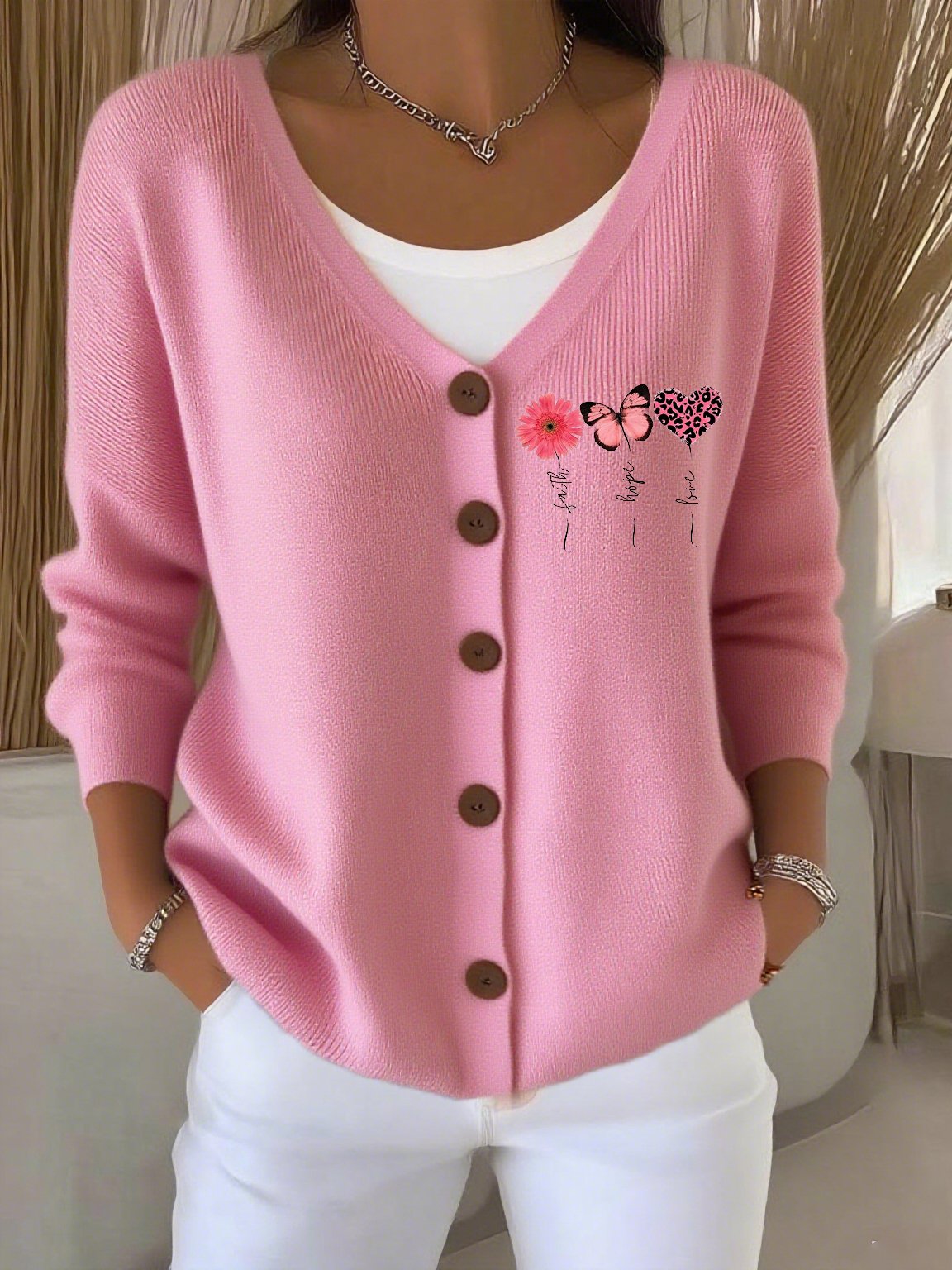 Women's Breast Cancer Awareness Print Casual Cardigan