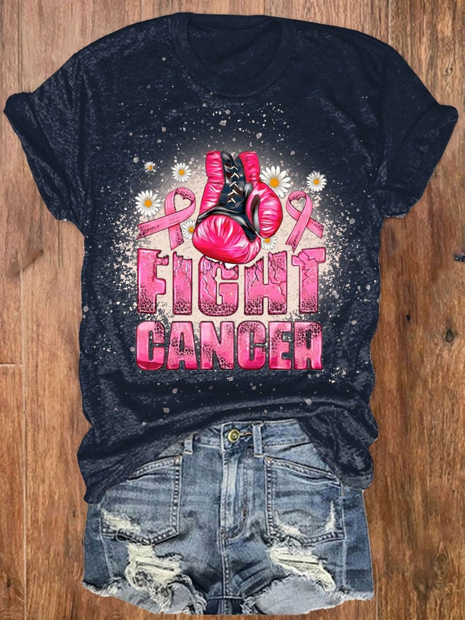 Women's Western Floral Fight Cancer Breast Cancer Awareness Printed T-Shirt
