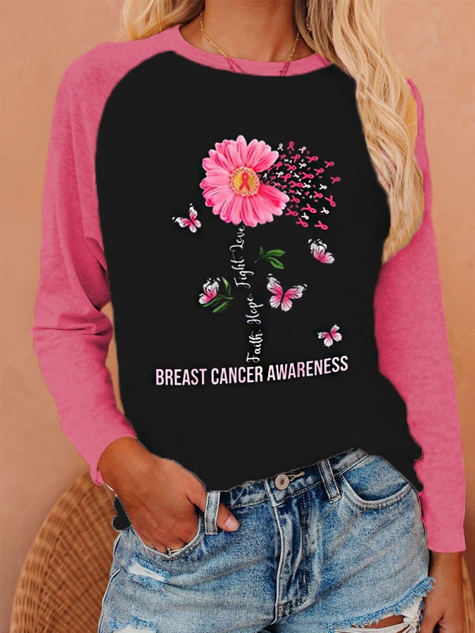 Women's Faith Hope Love Butterfly Daisy Breast Cancer Awareness Print Sweatshirt