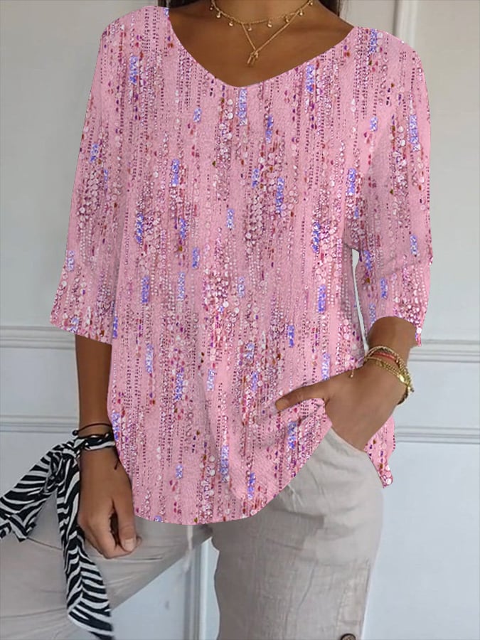 Women's Art Printed Pit Fabric Casual V-Neck Mid-Sleeve Knitted T-Shirt