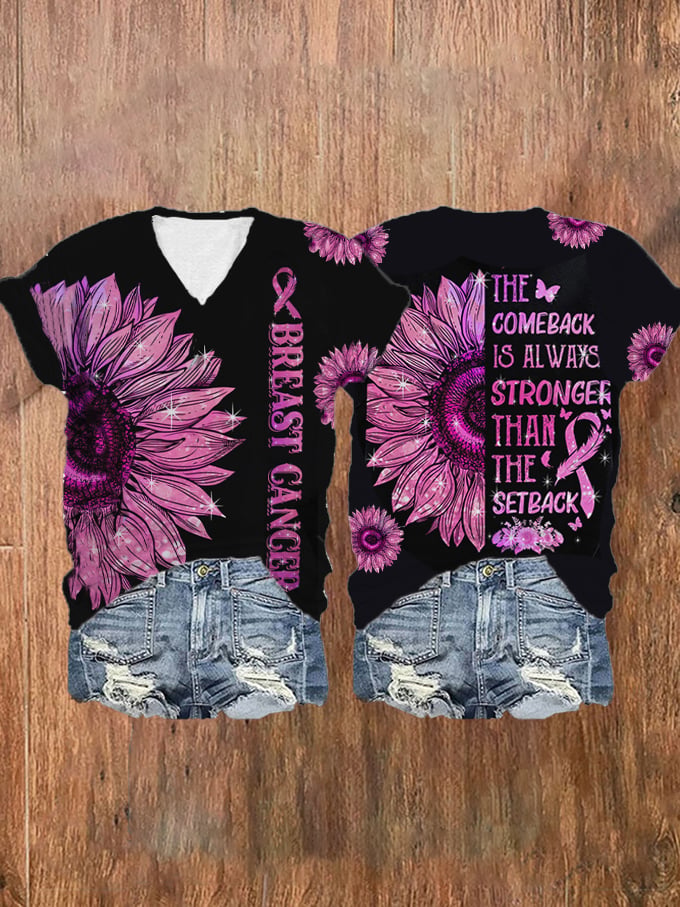 Women's Breath Cancer Awareness Print V-Neck T-Shirt