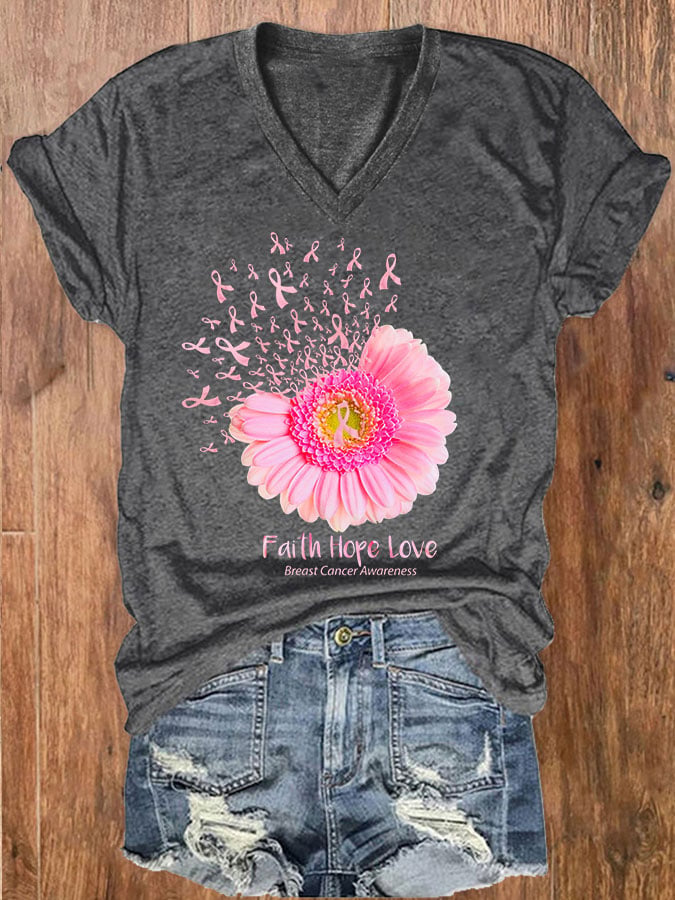 Women's Daisy Faith Hope Love Breast Cancer Awareness T-Shirt