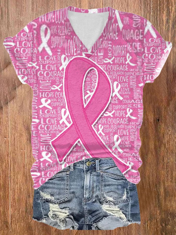 Women's Casual Pink Ribbon Breast Cancer Art Print Short Sleeve T-Shirt