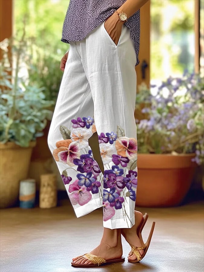 Women's Art Floral Loose Pockets Casual Pants