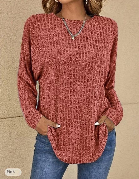 Women's sweater ribbed knit elegant round neck solid long sleeves
