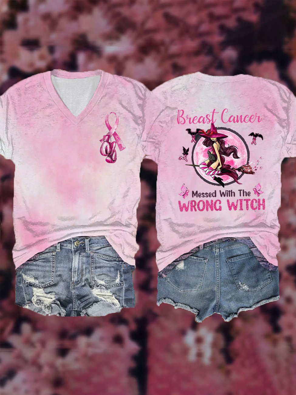 Women's Breast Cancer Messed With The Wrong Witch V-Neck Tee