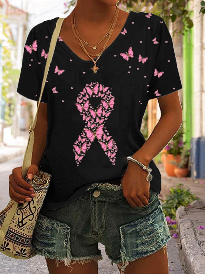 Women's Breast Cancer Print Short Sleeve T-Shirt