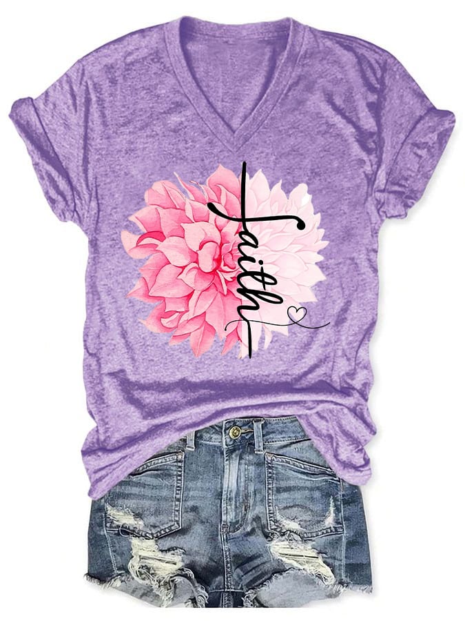 Women'S Floral Breast Cancer Awareness Crewneck T-Shirt