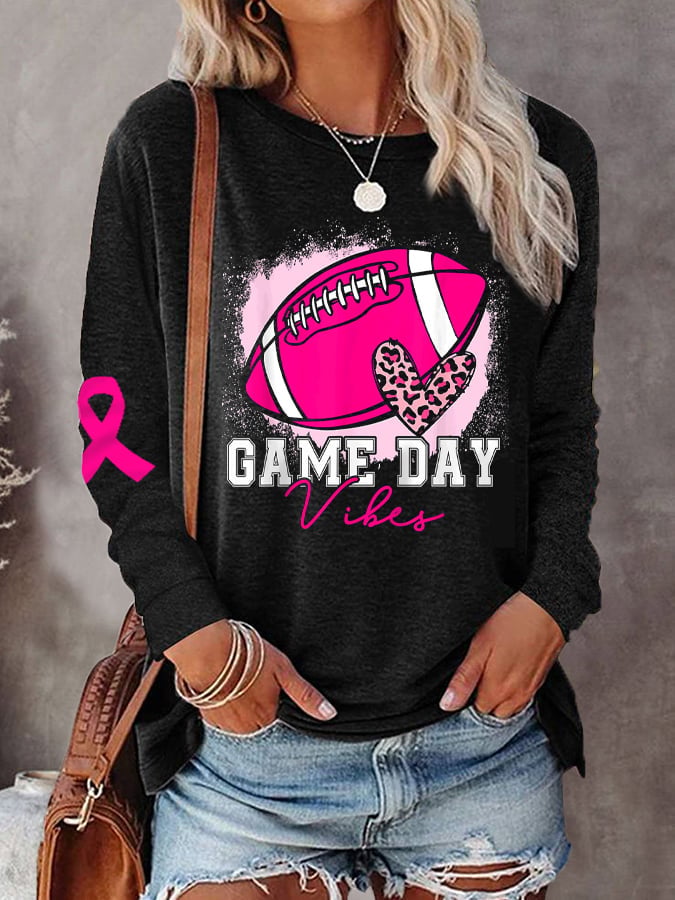 Women's Football Gameday Vibes Tackle Breast Cancer Long Sleeve T-Shirt