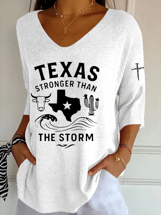 🙏💔Join us in praying for Texas.🙏Women's Texas Strong Than The Storm Striped Fabric Casual V Neck T-Shirt