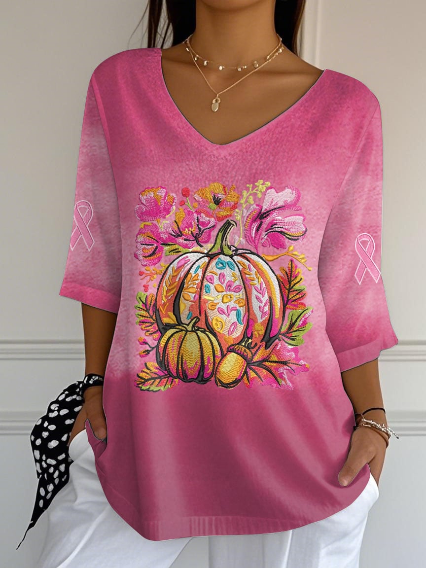 Women's Pink Pumpkin Ribbon Print Mid Sleeve T-Shirt