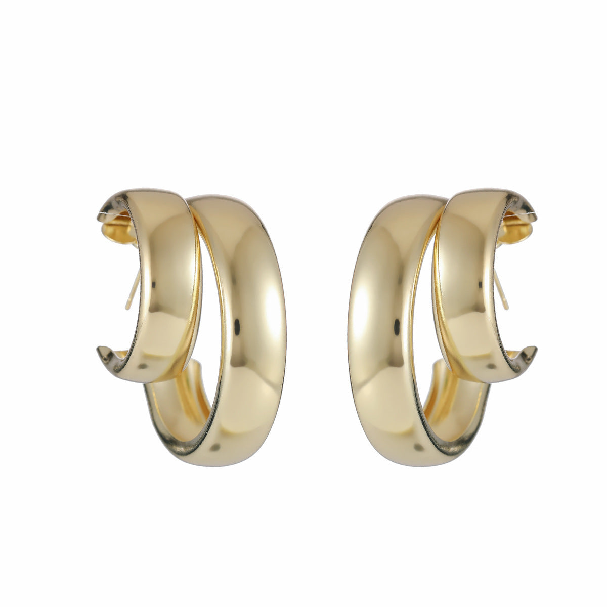 Women's earrings shiny metal double ring elegant C-shaped