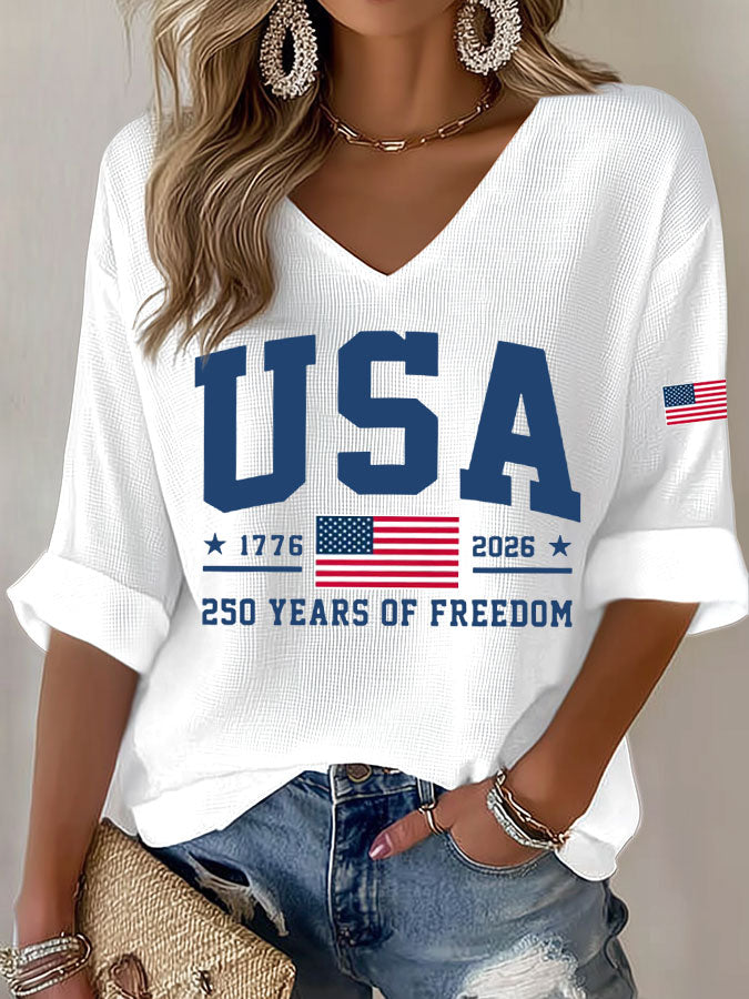 Women'S America Flag Print Waffle T-Shirt