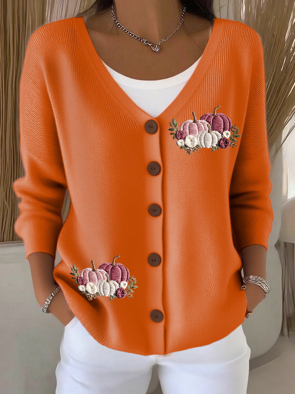 Women's Casual Autumn And Winter Pink Pumpkin Cardigan