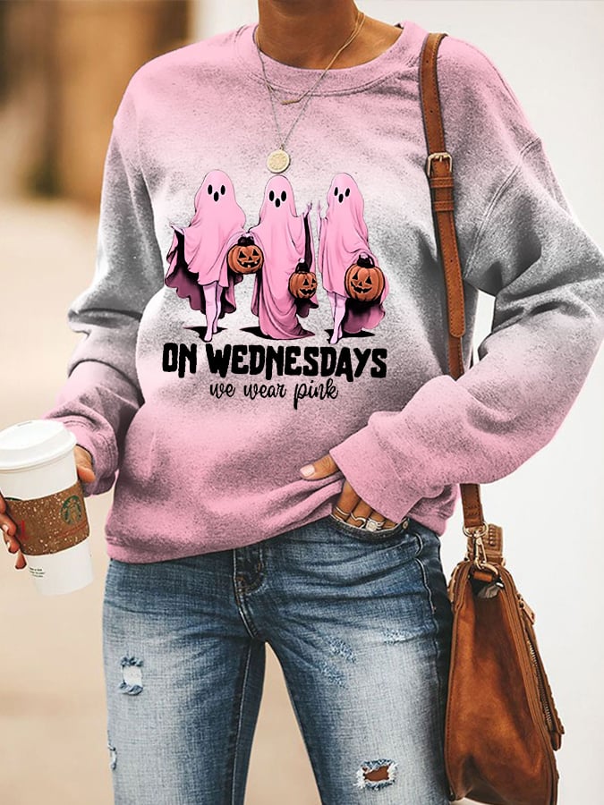 Women's Halloween Breast Cancer On Wednesday We Wear Pink Cute Ghost Pumpkin Print Loose Sweatshirt