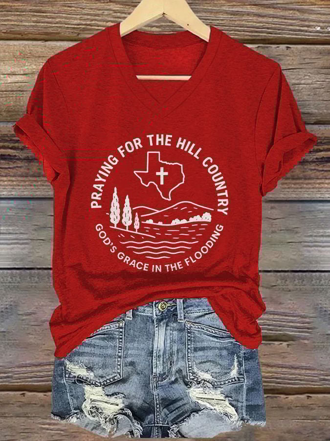 ๐๐Join us in praying for Texas.๐V-Neck Retro Texas Strong Praying For The Hill Country Godโs Grace In The Flooding Print T-Shirt
