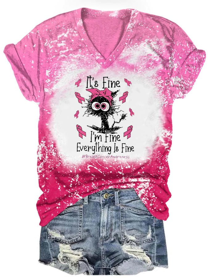 Women's It's Fine I'm Fine Breast Cancer Awareness Print Tee